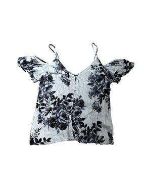 Kendall and Kylie blue floral cold shoulder button up tank top